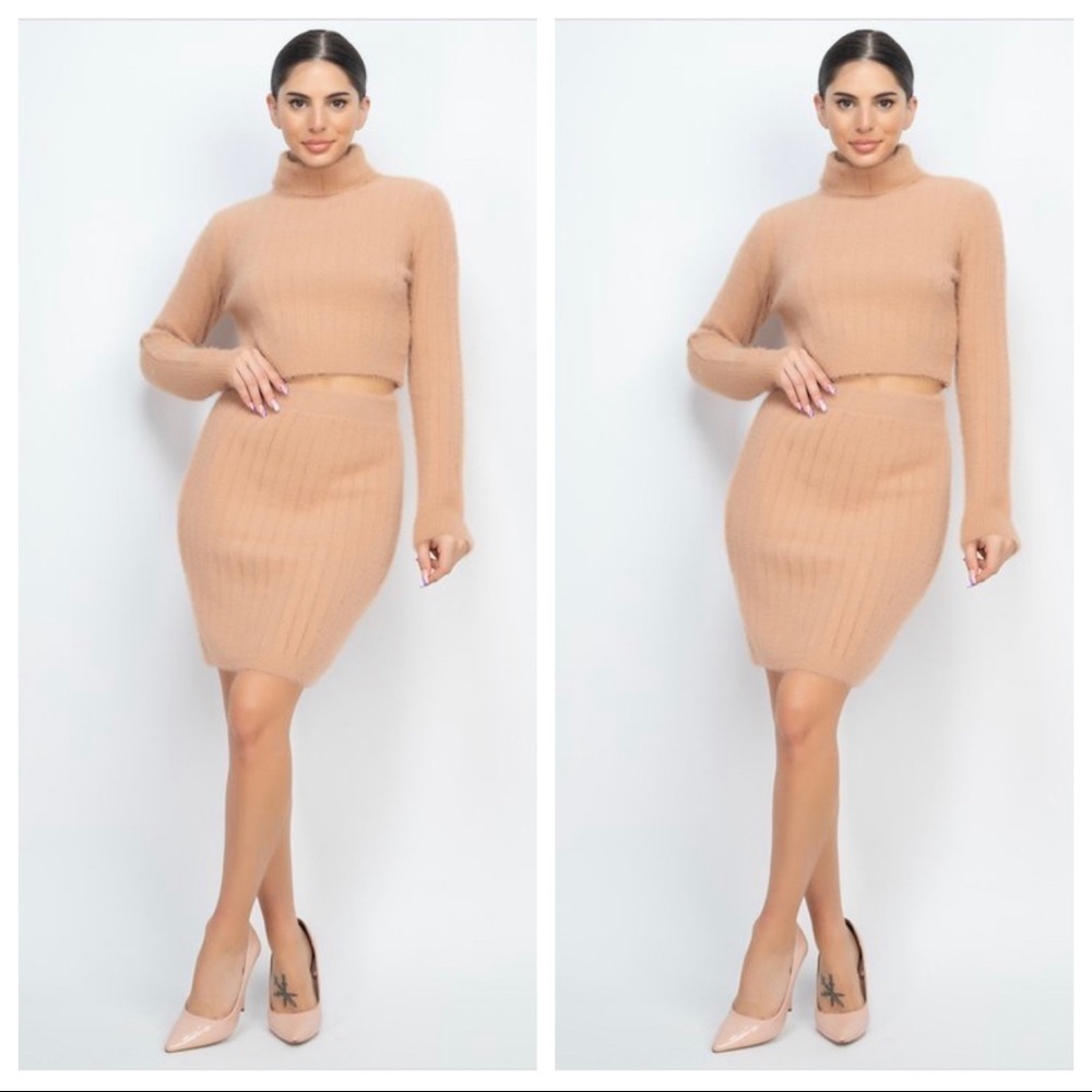 NEW TAN RIBBED FLUFFY SWEATER TWO PIECE LONG SLEEVE CROP TOP MIDI SKIRT SET